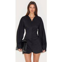 Black Woven Balloon Sleeve Collarless Blazer Dress, Black | PrettyLittleThing UK