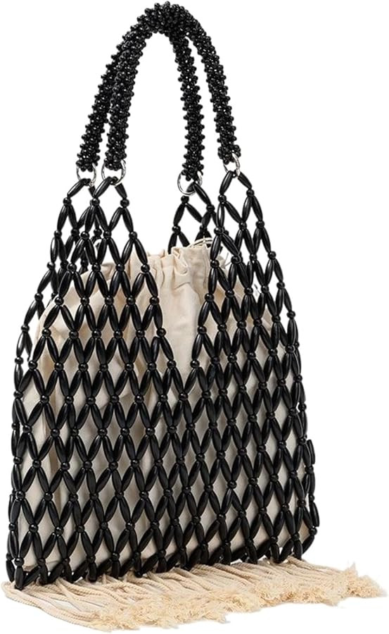 Wooden Bead Handbag with Inside Purse Fringe Hobo Bags Vintage Beaded Purse Hollow Out Beach Bag ... | Amazon (US)