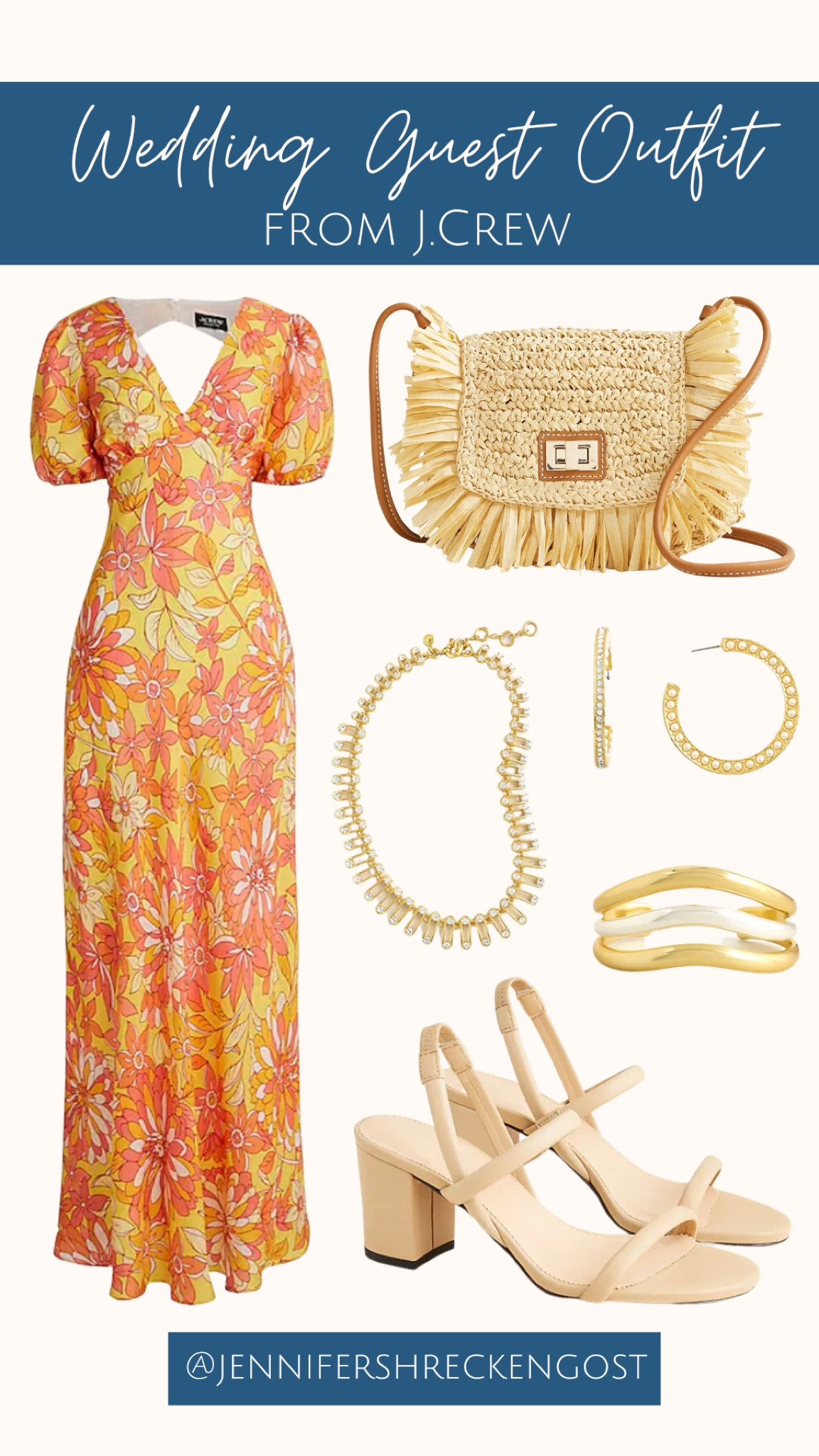 J.Crew wedding guest dress + full outfit! Items include a floral dress, nude accessories, and gold accessories!

#LTKSeasonal #LTKwedding #LTKstyletip