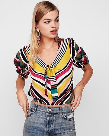 Petite Striped Tie Front Puff Sleeve Top | Express