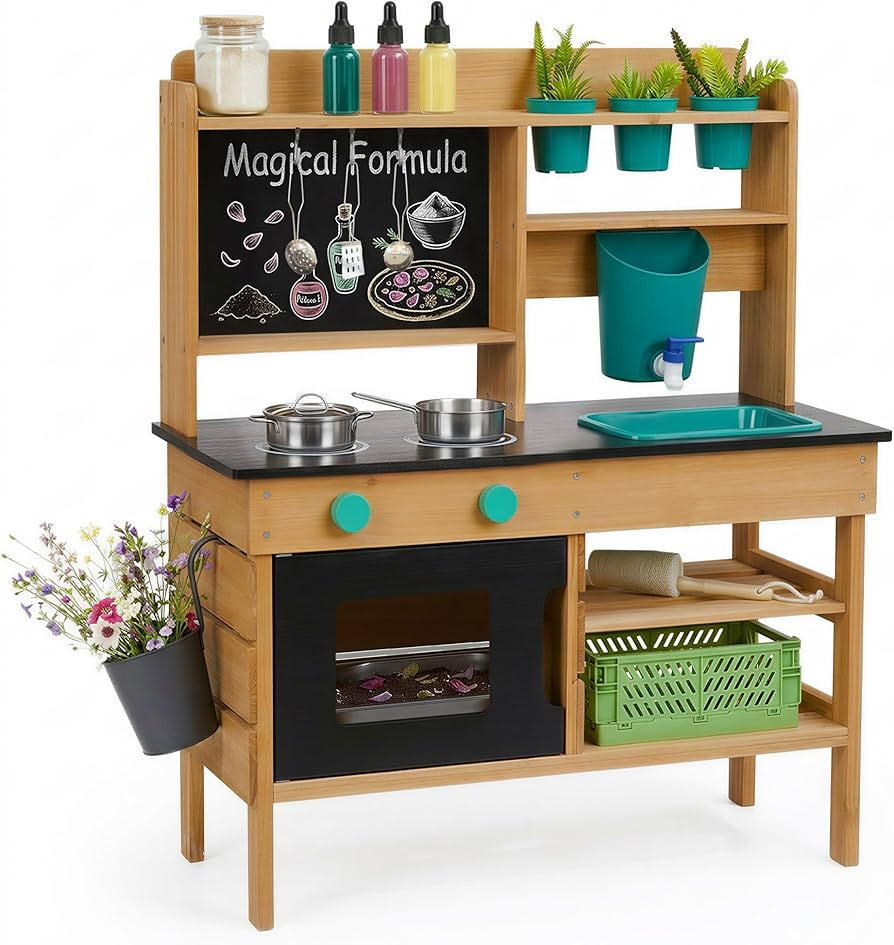 Mud Kitchen for Kids Outdoor, Wooden Play Kitchen with Real Working Faucet & Water Tank, Sensory ... | Amazon (US)