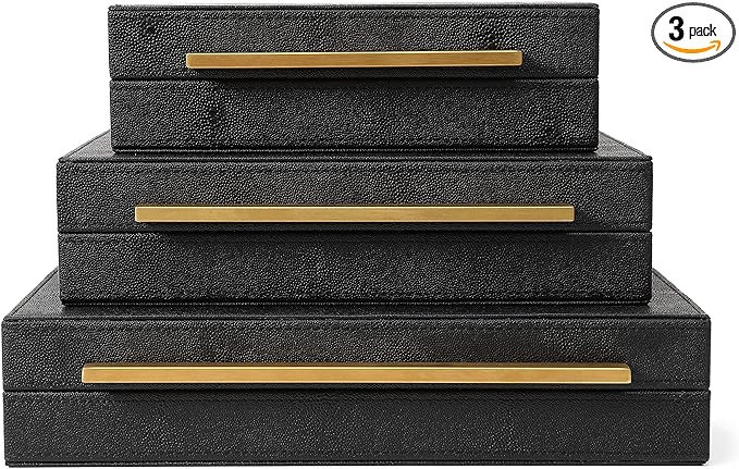Kingflux Faux Black Shagreen Leather Set of 3 Pcs Decorative Boxes, Storage Boxes Jewelry Organiz... | Amazon (US)