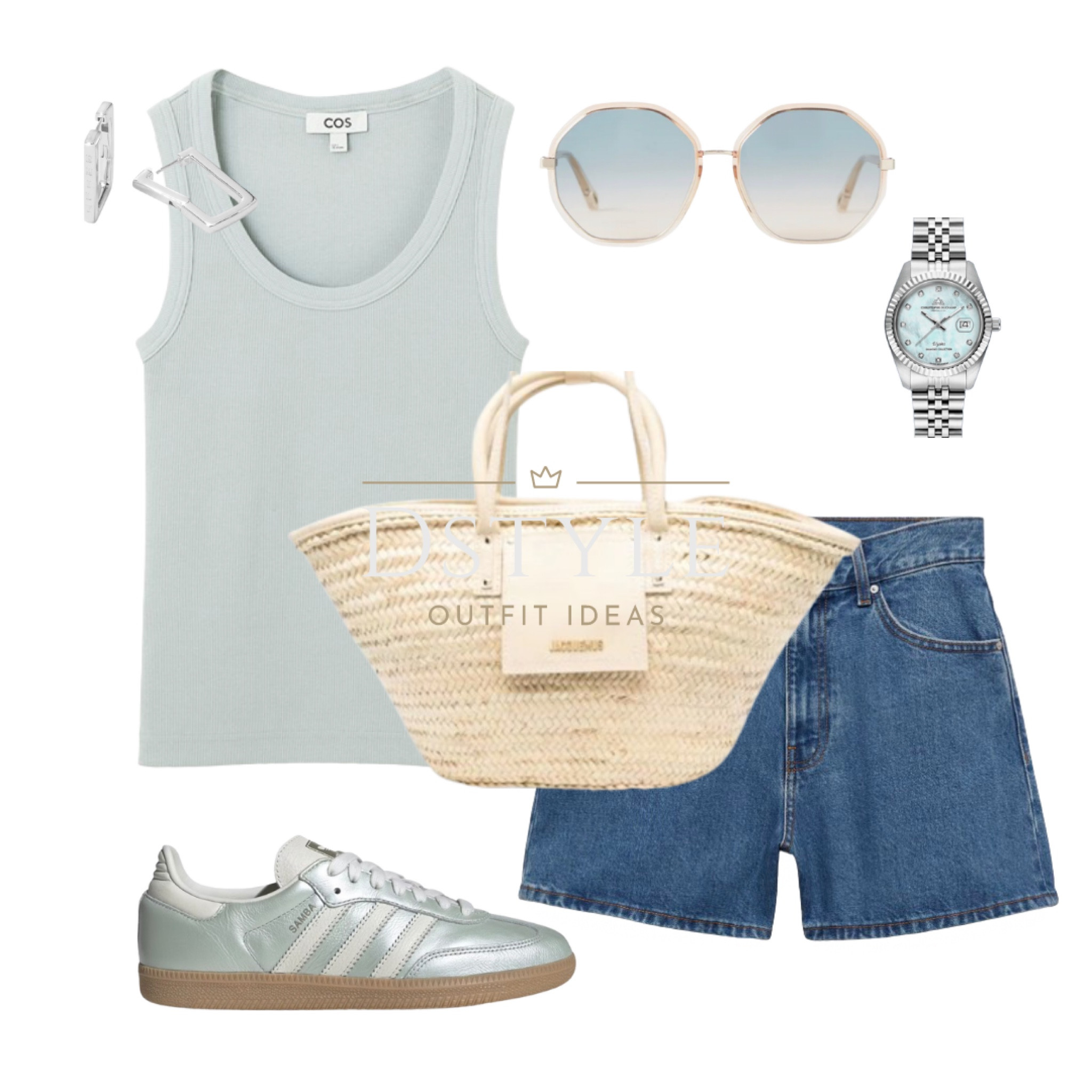 Light blue ribbed tank top, denim shorts, matching Adidas Samba, raffia tote bag, watch - Christophe Duchamp - Enjoy 85% OFF at checkout by using my discount code dstyle85 

Ootd, easy fit