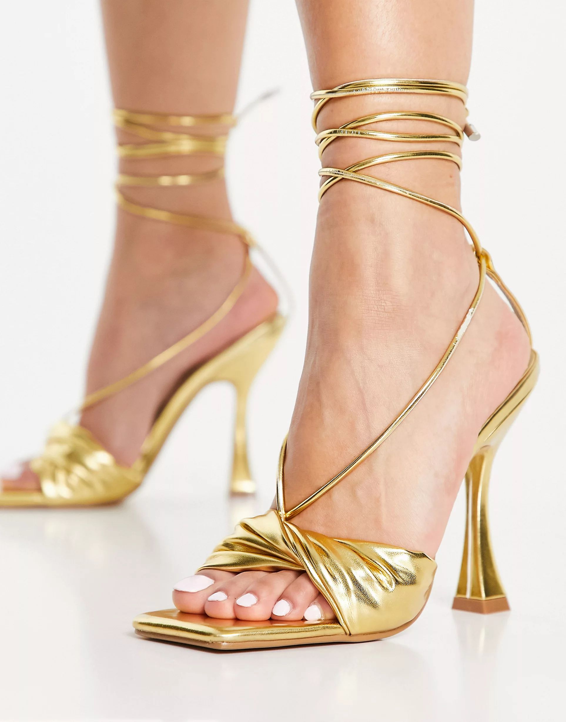Ego Sassy heel sandals with tie ankle in gold | ASOS (Global)