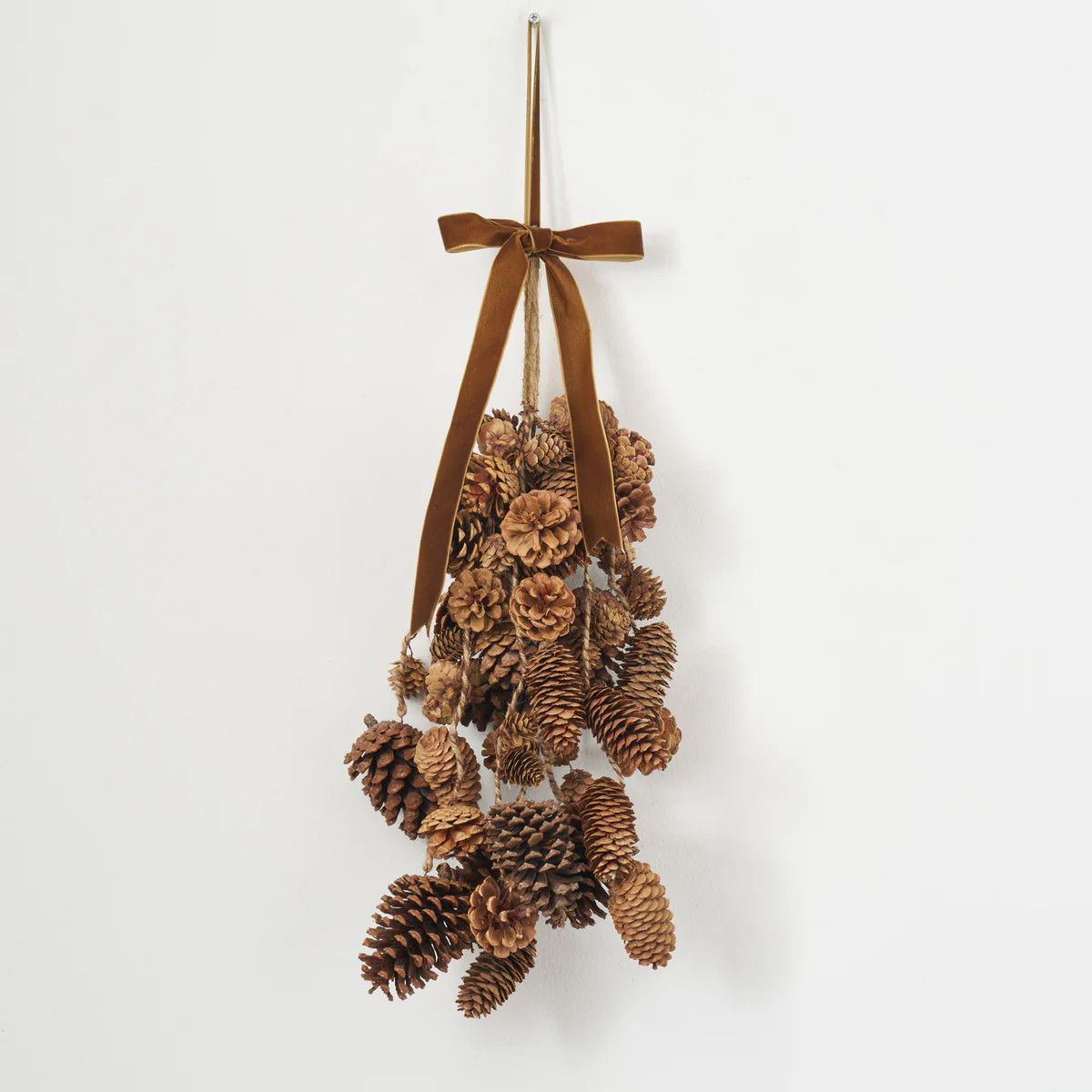 Mixed Hanging Pinecones Christmas Decor Swag with Gold Brown Velvet Ribbon | Darby Creek Trading