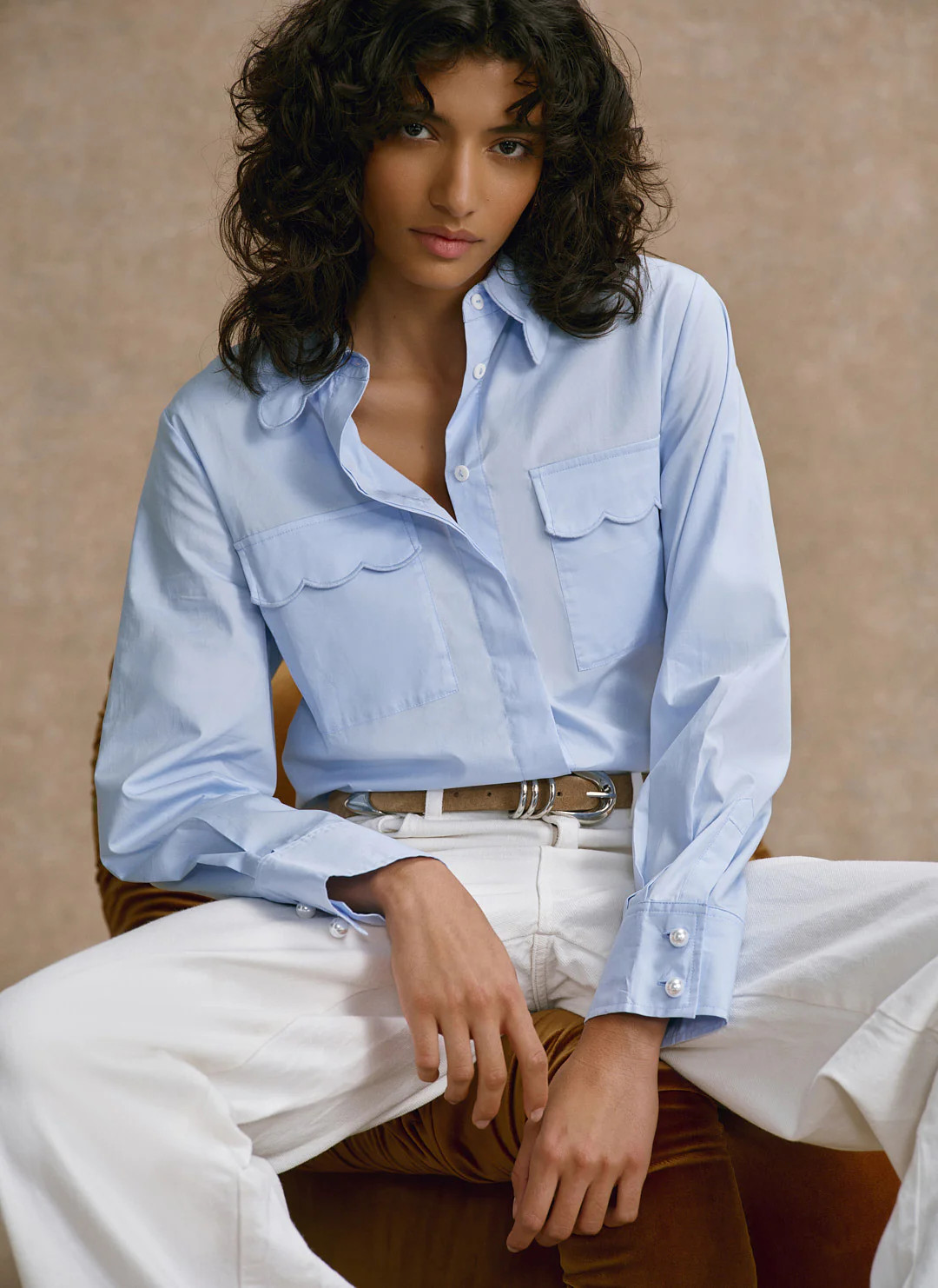 Blue Cotton Scallop Detail Shirt | Mint Velvet