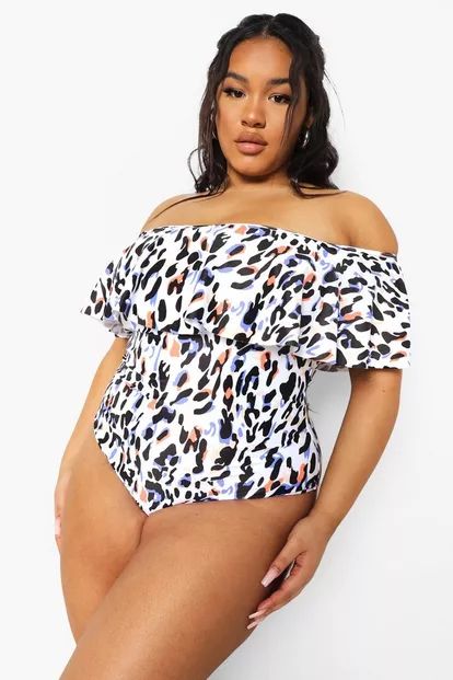 Plus Leopard Ruffle Bardot Swimsuit | Boohoo.com (UK & IE)