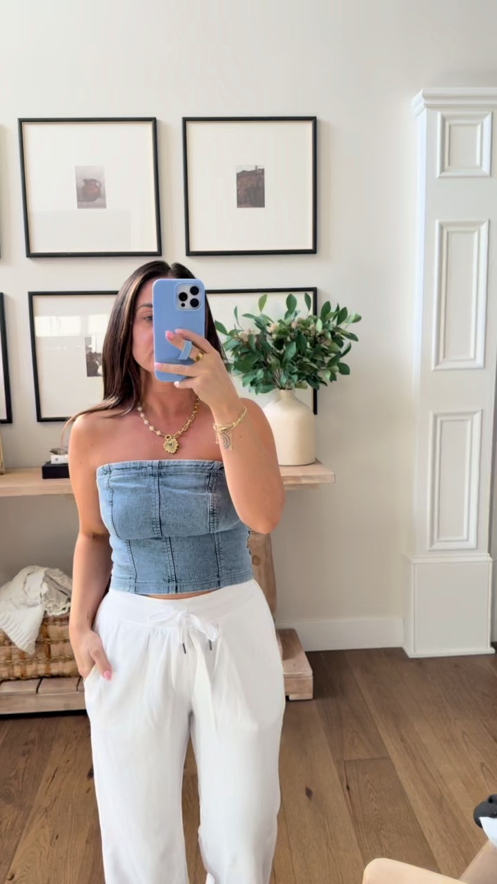 I love this denim tube top paired with these white sweat pants! The pants are 50% off today! Super light & not see through at all!  

 #LTKSpringSale #LTKFindsUnder50 #LTKStyleTip