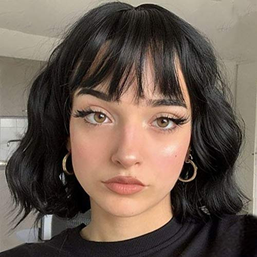 MISSQUEEN Short Wavy Black Wig with Bangs, Short Black Bob Wigs for Women, Wavy Bob Wig with Bangs Synthetic Natural Looking Heat Resistant Fiber Wigs | Amazon (US)