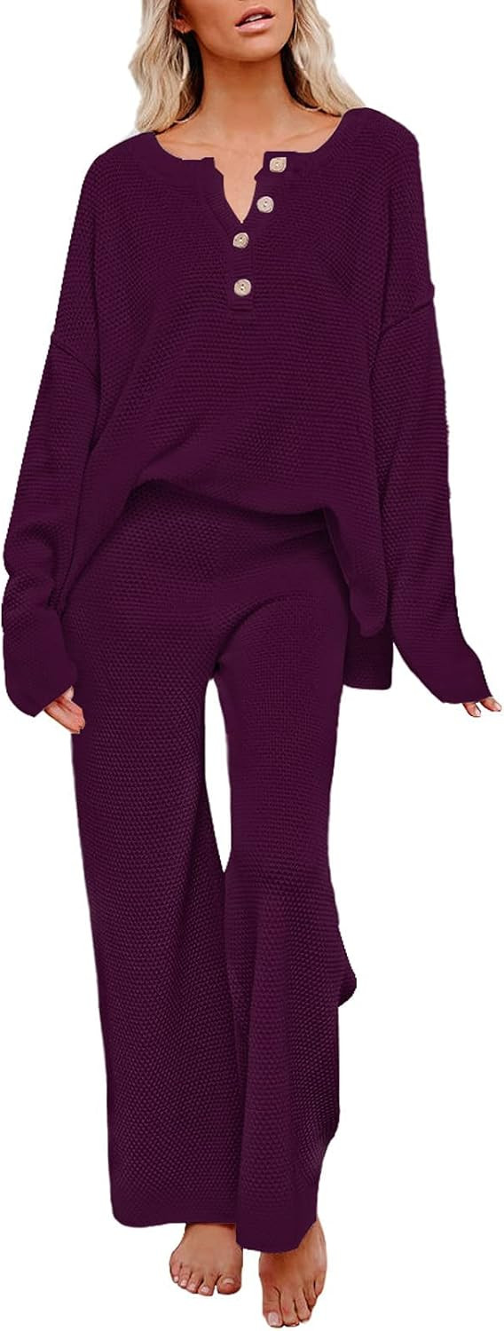 Viottiset Women's 2 Piece Outfits Sweatsuit Knit Long Sleeve Sweater Wide Leg Pants Loungewear | Amazon (US)