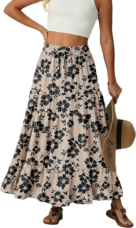 IWOLLENCE Women's Flowy Boho Elastic High Waist Maxi Skirt Floral A-Line Tiered Long Skirts for W... | Amazon (US)