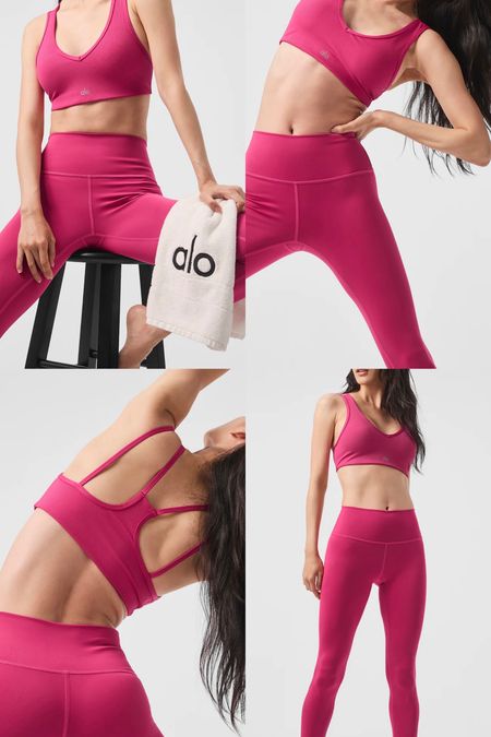 Alo Yoga gym co ord, pink sports wear. V beck sport bra, high compression sculpts and supports.  High-Waist Airlift Leggings. Cute trendy active wear. Gym set, active lifestyle, clean girl aesthetic, timeless wardrobe staple. Two piece outfit. Activewear. Matching set. 

#LTKuk #LTKeurope #LTKsummer