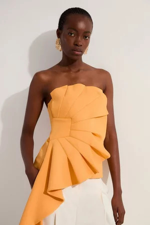 Scuba Drama Ruffle Strapless Woven Top | Karen Millen US