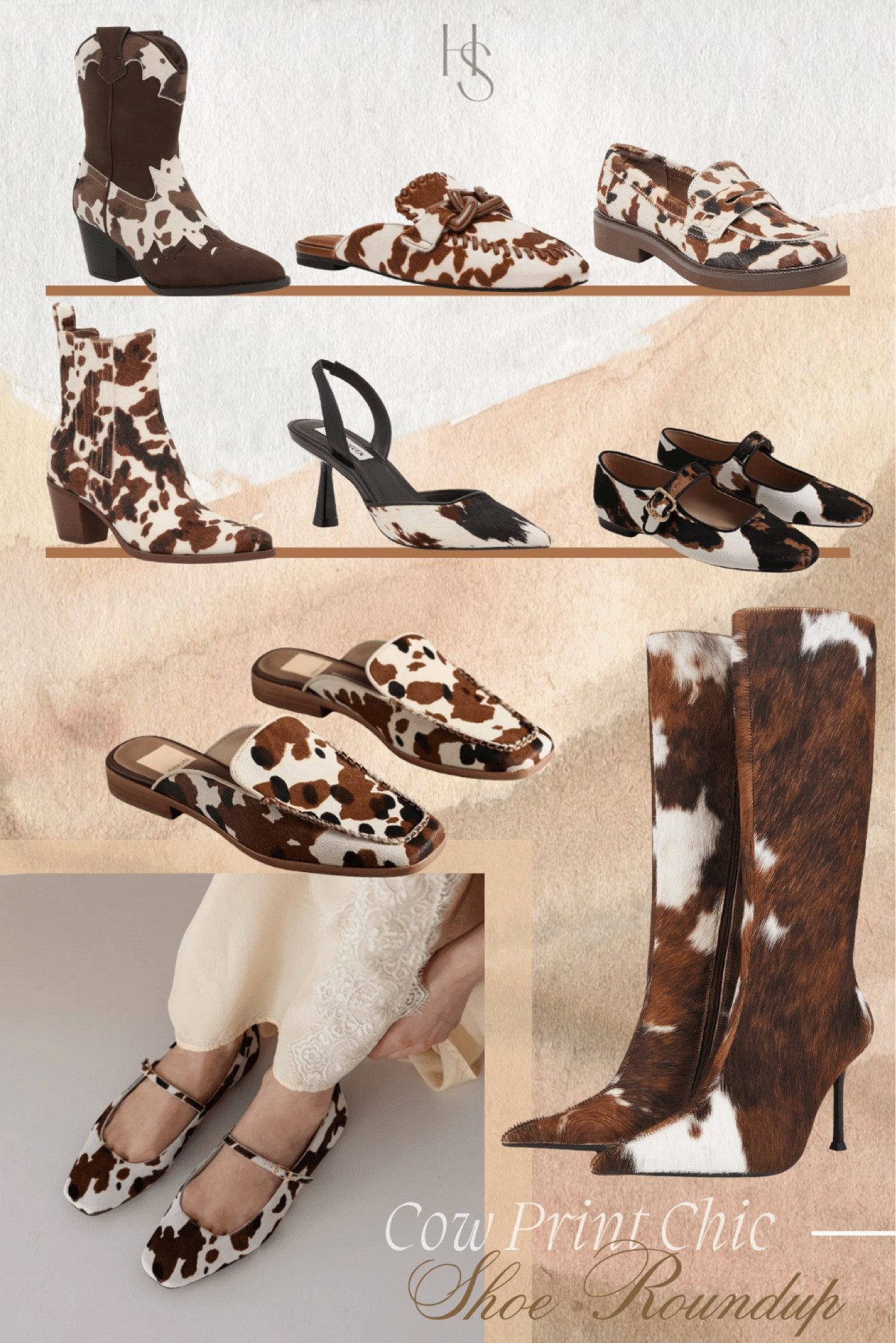 Cow print chic! 
Cow print shoes 
Cow print Mary Jane’s 
Cow print flats 
Cow print pumps 
Cow print boots 
Cow print mules 
Western chic shoes not boots 

#LTKShoeCrush #LTKSeasonal