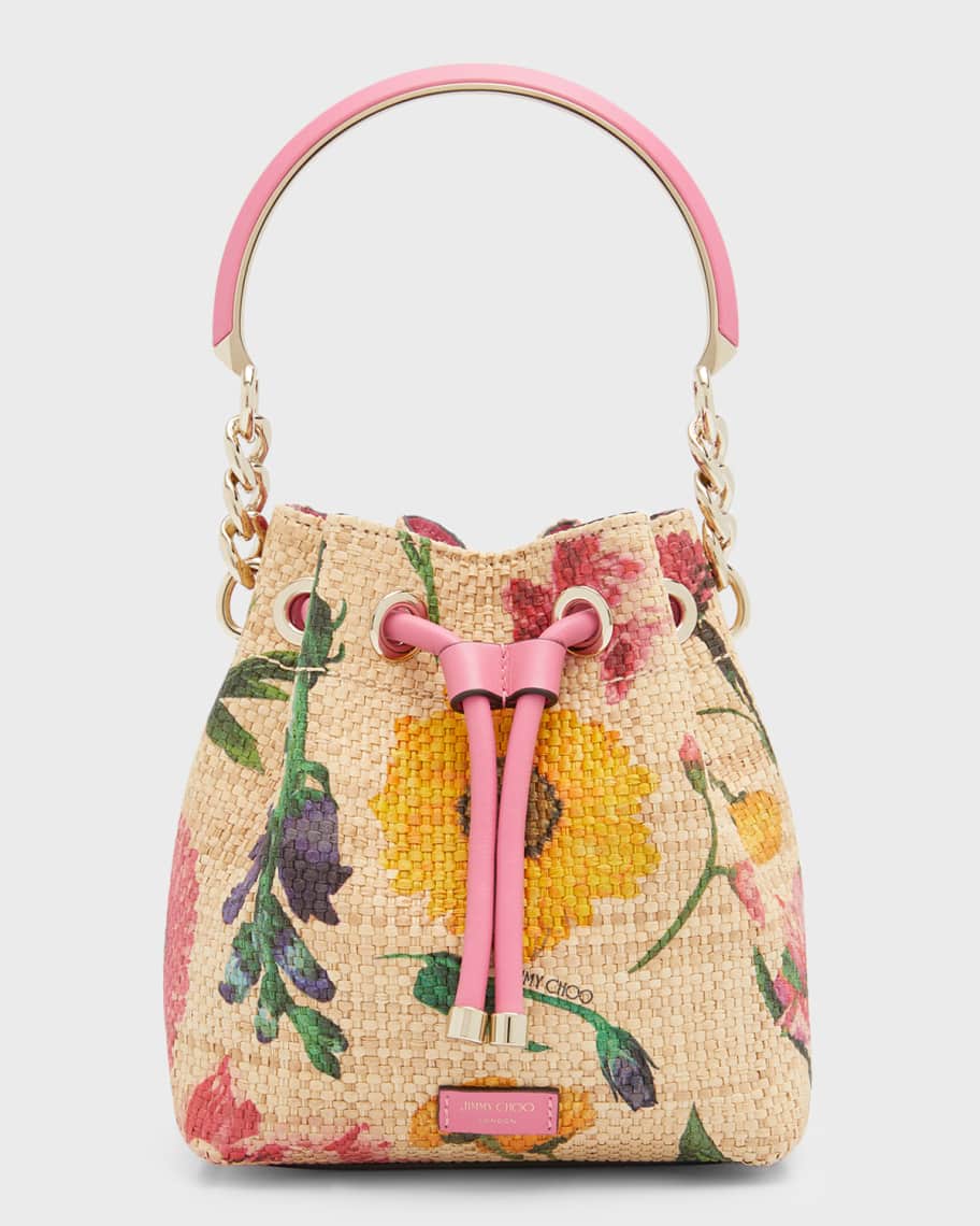 Jimmy Choo Bon Bon Floral-Print Raffia Bucket Bag | Neiman Marcus