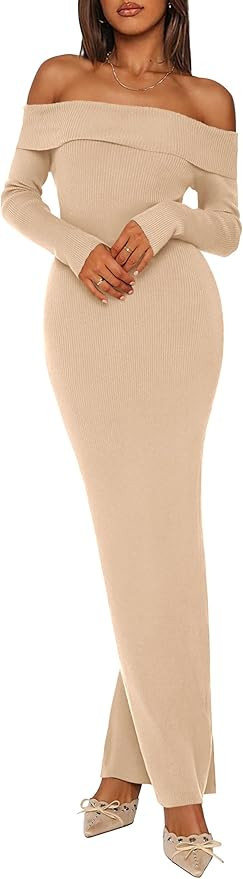 PRETTYGARDEN Women's Winter Sweater Dress Long Sleeve Off Shoulder Slit Maxi Bodycon Cocktail Par... | Amazon (US)