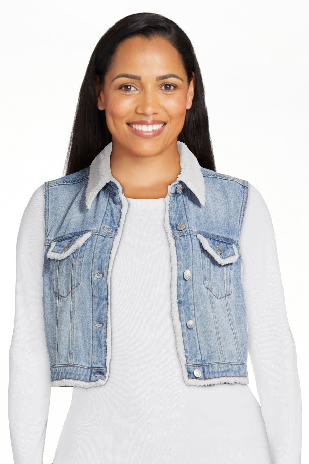 Madden NYC Juniors Denim Vest with Faux Sherpa Trim, Sizes XS-3XL | Walmart (US)