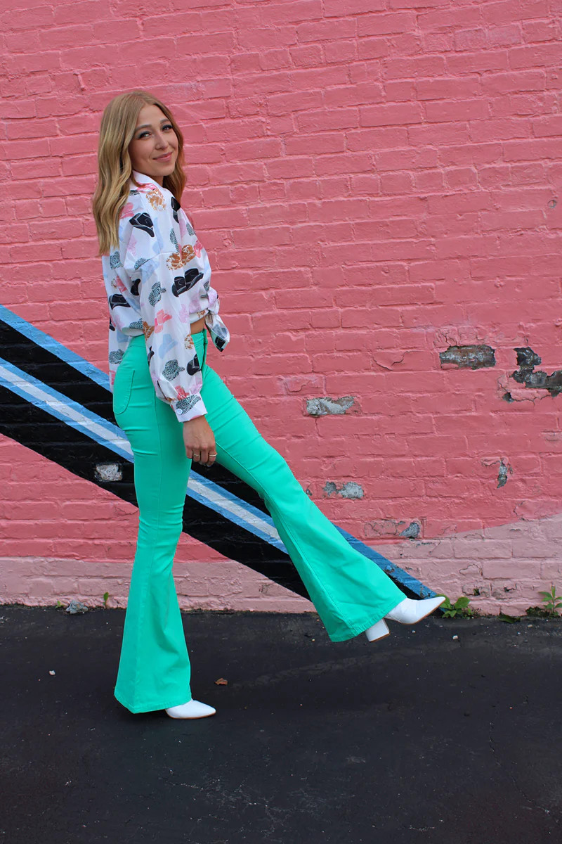 Fiona High Waisted Bell Bottom Flare Jeans - Mint | Willow Boutique
