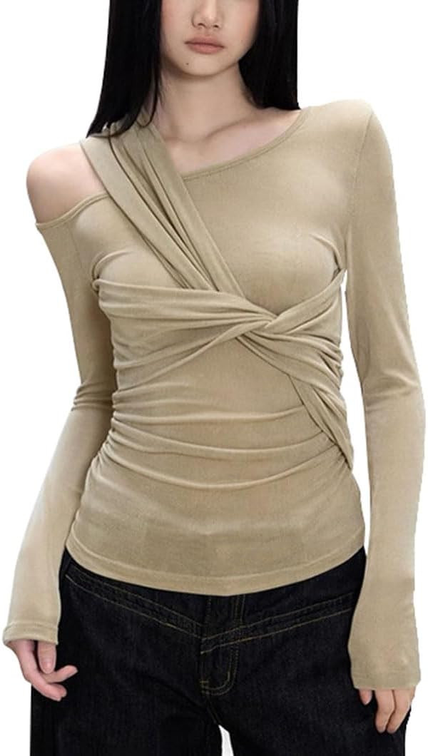Women's One Off Shoulder Twist Knot Cutout Tops Long Sleeve Ruched Tank Asymmetrical Shirts Slim ... | Amazon (US)