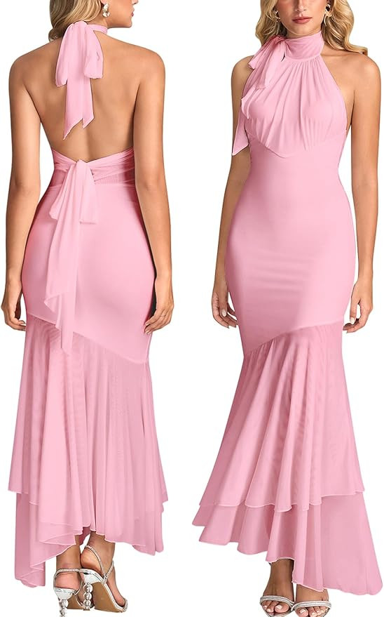 HTZMO Women Halter Tie Formal Wedding Guest Maxi Dress Sexy Backless Bow Bodycon Ruched Cocktail ... | Amazon (US)