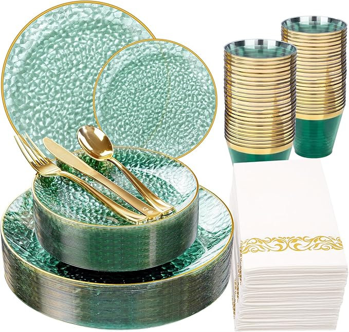 Rubtlamp 175 Pcs Green Plastic Plates Dinnerware Set (25 Guests), Hammered Plates Sets, Green Pla... | Amazon (US)
