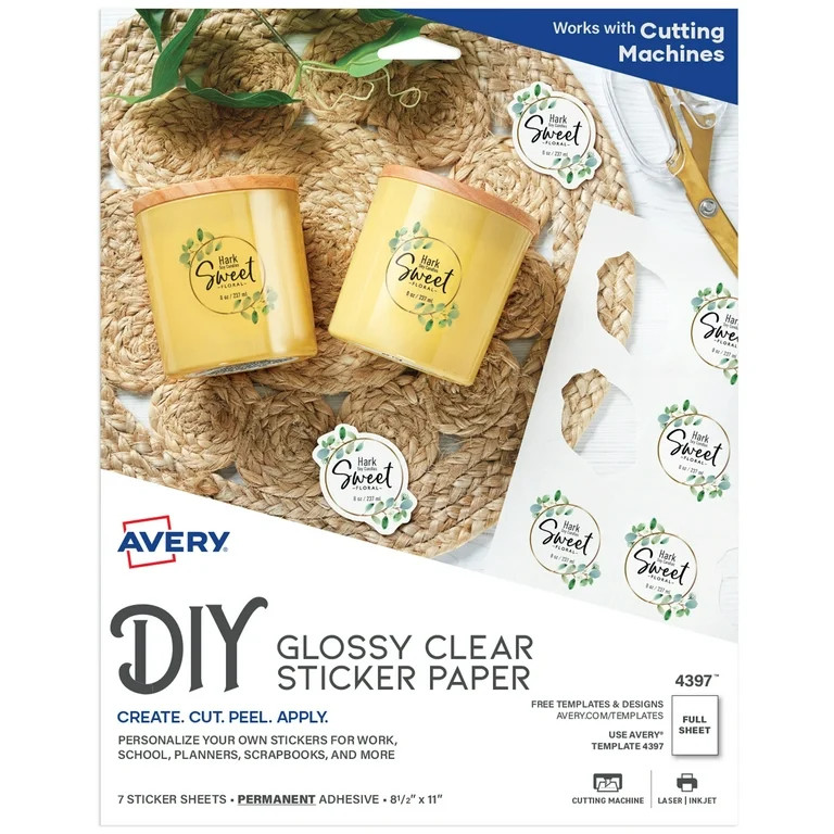 Avery DIY Sticker Paper, Glossy Clear, 8-1/2" x 11", Film, Laser/Inkjet, Permanent, 7 Blank Sheet... | Walmart (US)