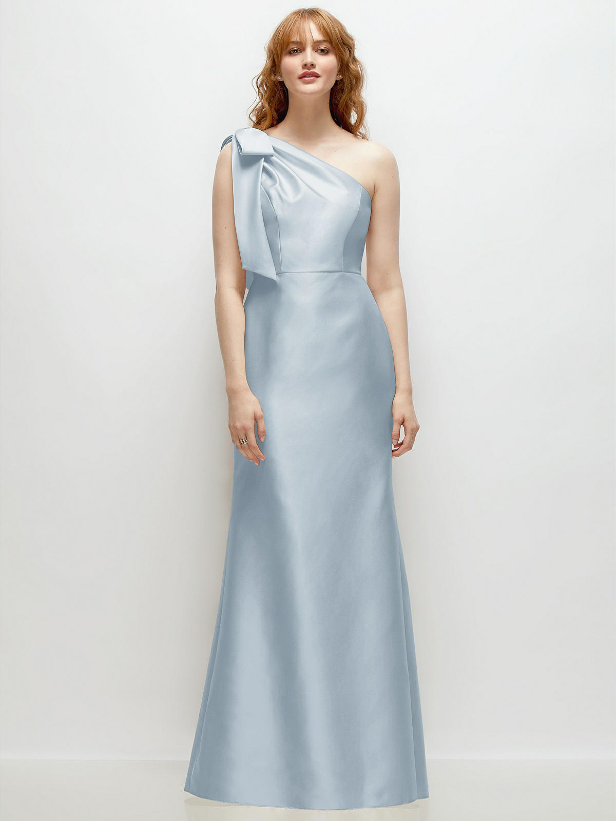 Bow One-Shoulder Satin Trumpet Gown in Mist | The Dessy Group
