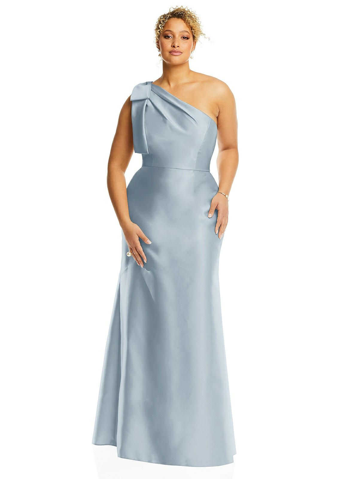 Bow One-Shoulder Satin Trumpet Gown in Mist | The Dessy Group