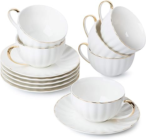 BTaT- Tea Cups and Saucers, Set of 6 (7 oz) with Gold Trim and Gift Box, Cappuccino Cups, Coffee ... | Amazon (US)