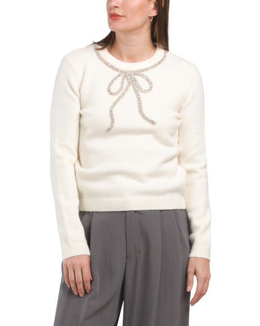 Rhinestone Embellished Bow Knit Sweater | TJ Maxx