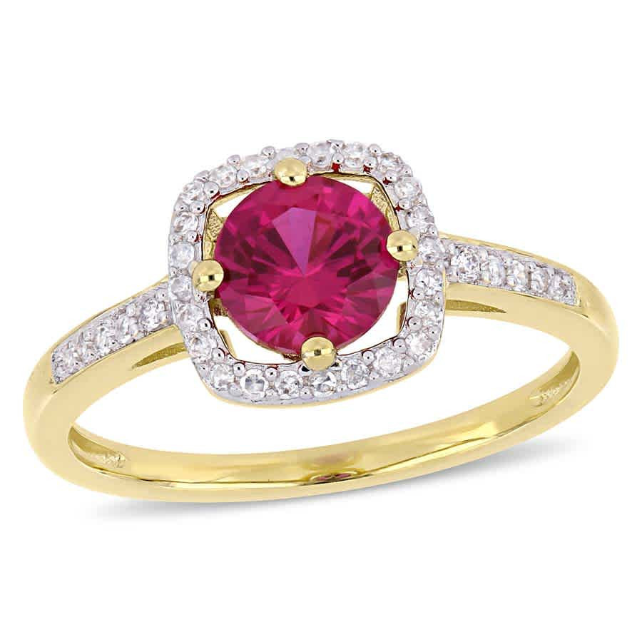 AMOUR 1 CT TGW Created Ruby and 1/7 CT TW Diamond Halo Ring In 10K Yellow Gold | Jomashop.com & JomaDeals.com
