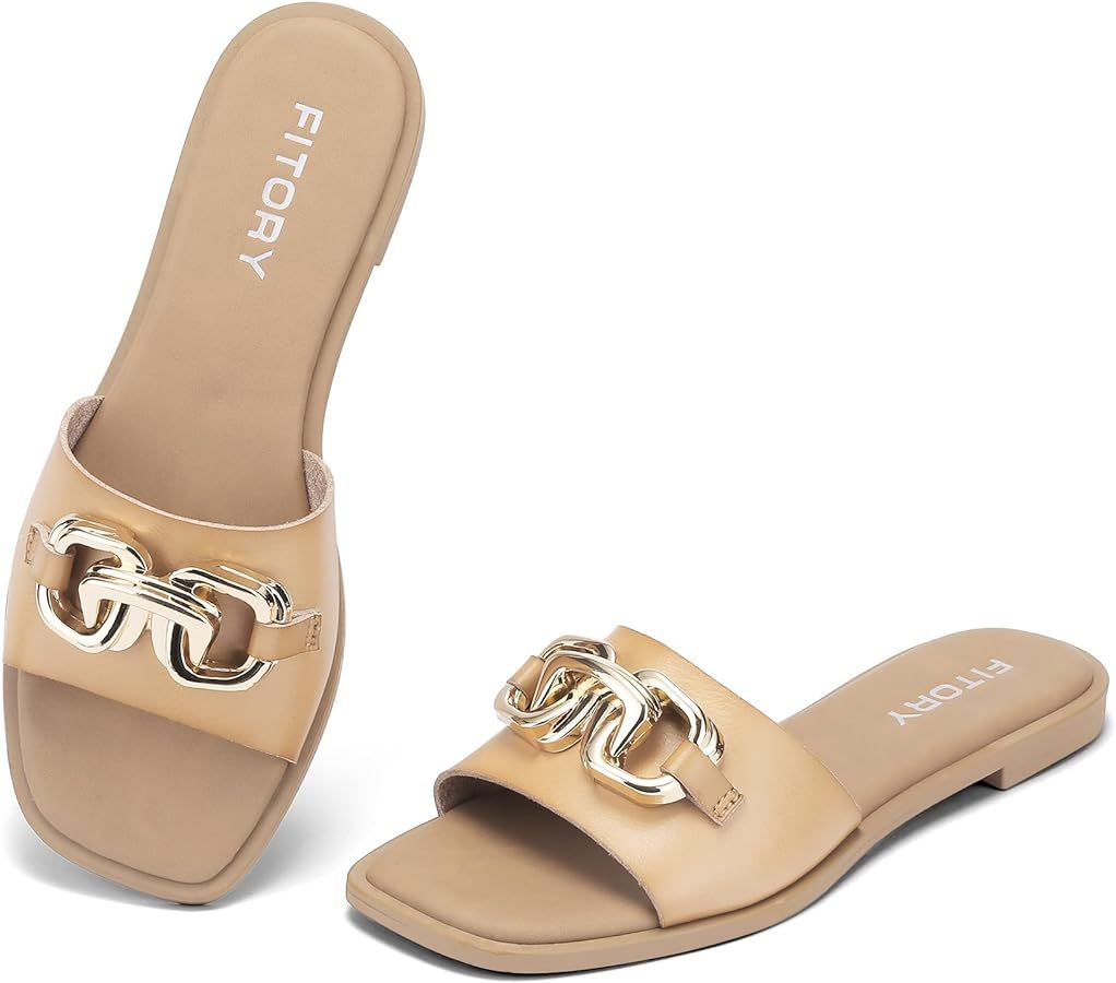 FITORY Women's Flat Sandals Fashion Slides With Soft Leather Slippers for Summer Size 6-11 | Amazon (US)