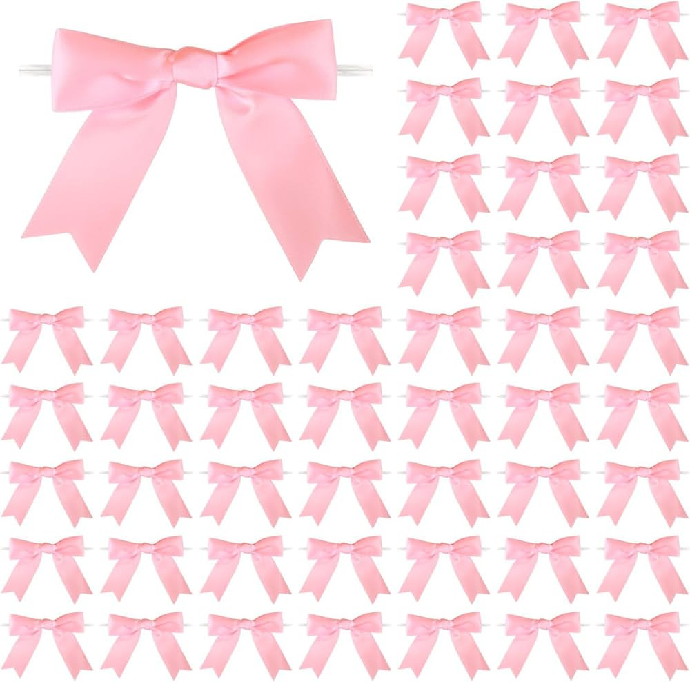 Meseey 50 Pcs 3 Inches Twist Tie Satin Ribbon Bows Pink Pretied Premade Craft Bows for Treat Bags... | Amazon (US)