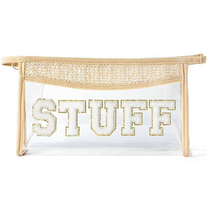 Boho Patch STUFF Cosmetic Bag - Summer STUFF Chenille Varsity Letter Toiletry Makeup Bag Beige Cl... | Amazon (US)