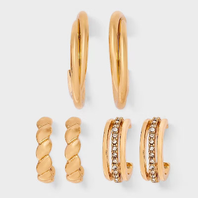 Twisted Hoop Earring Set 3pc - A New Day™ Clear/Gold: Nickel-Free Metal, Post Closure | Target
