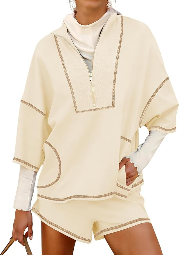 Gozoloma Women's Summer 2 Piece Outfits Contrast Stitching Matching Set- Half-Zip Short Sleeves T... | Amazon (US)