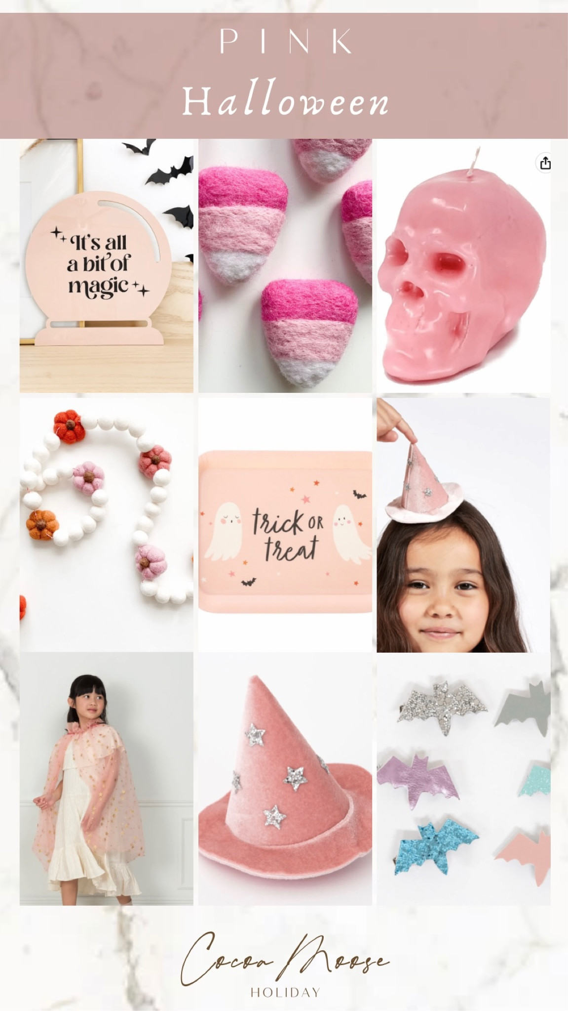 It’s a PINK Halloween! Celebrate this spooky season by decorating everything in pink for Halloween. The girly spooky twists is everything, pink candy corn, pink Halloween ghost tray, pink skeleton, pink Halloween signage. Pink witch hats, pink skeleton Garland, pastel and metallic bat hair clips, pink ghost kitchen trays, and pumpkin felt Garland! 

#LTKSeasonal #LTKfamily #LTKHalloween