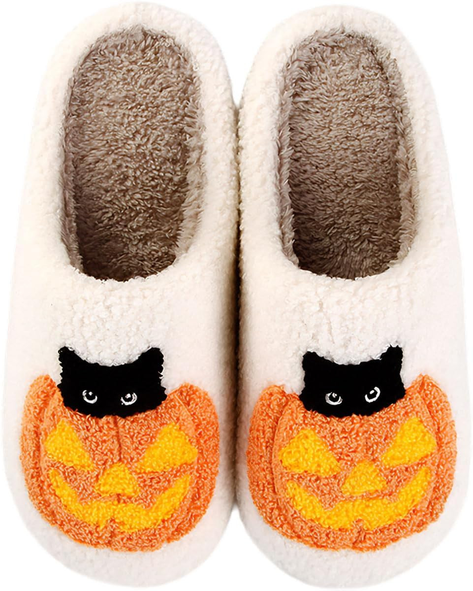 Halloween Slippers for Women Men Warm Fuzzy House Slipper Winter Indoor Outdoor Anti-Slip Home Shoes | Amazon (US)