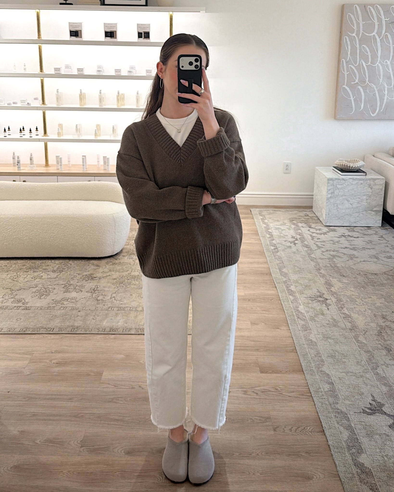 Casual work outfit 
White jeans - 24
V neck sweater / brown sweater - small
Rothy’s clogs - runs true to size 

#LTKootd #LTKWorkwear #LTKdayinmylife