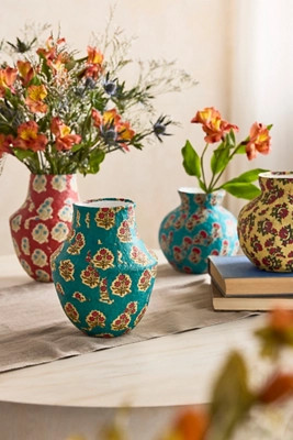 Patterned Papier Mache Bud Vase, Reds, Blues + Neutrals | Terrain