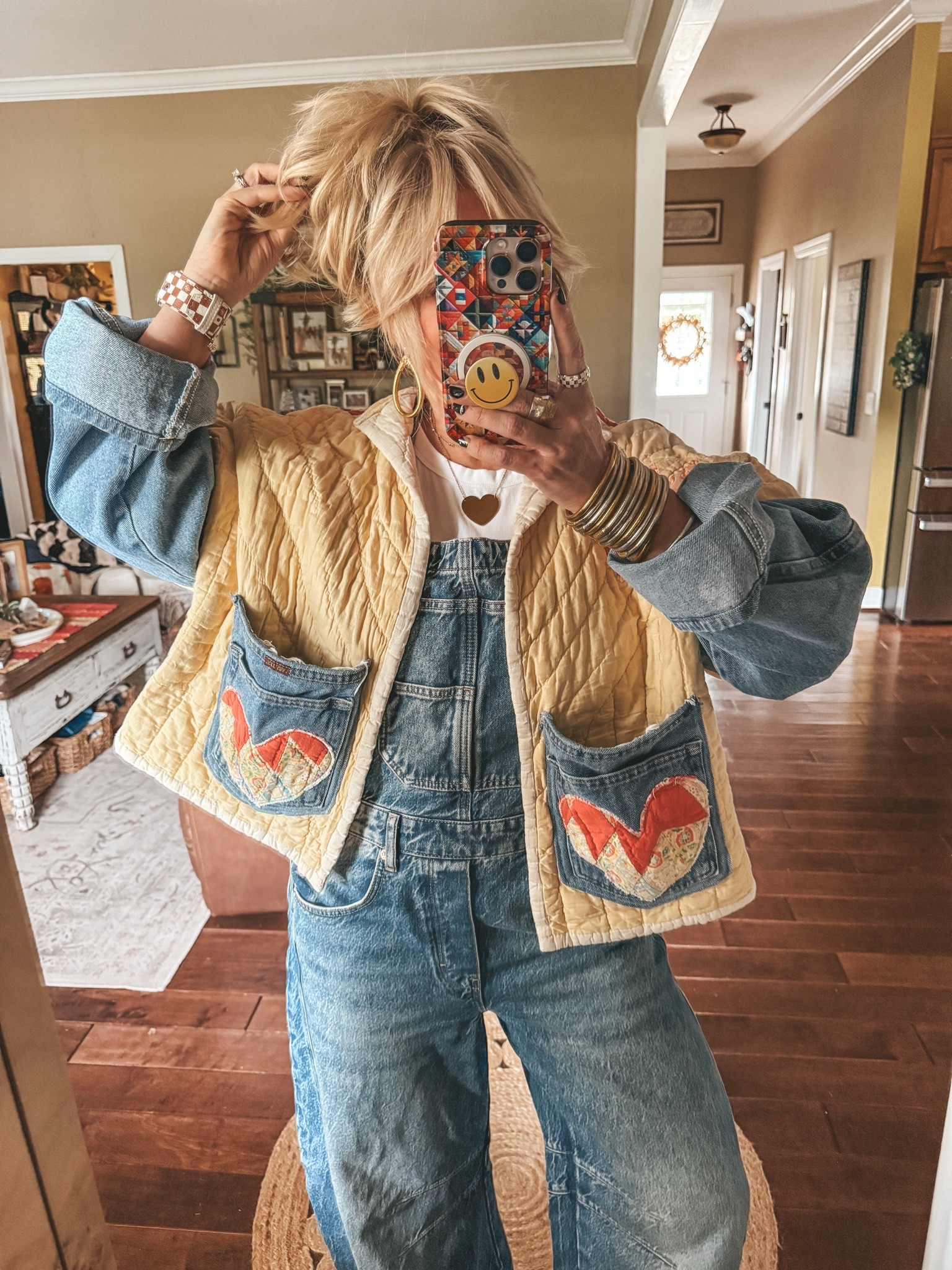 Better look at this gorgeous jacket! I wish I could link but I can’t. Follow @madebykagan on Instagram and she has drops pretty often. I am linking some cute jackets that will be fun over overalls! My overalls are worth every penny and I’m in a medium. 
💛My heart necklace is @kcchicdesigns save with code MANDIE

#LTKootd #LTKOver40
