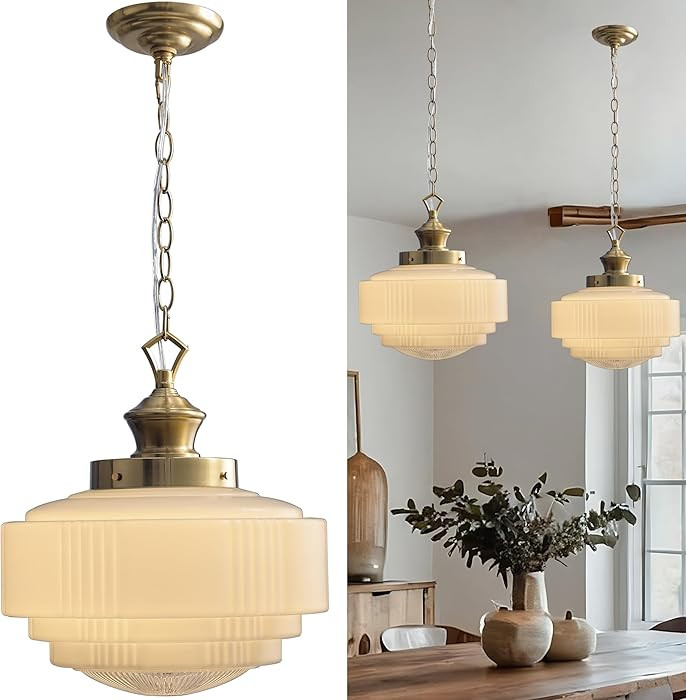 Vintage Milk Glass Pendant Light, 13.8" Brass Color Ceiling Light Fixture, Adjustable Height Chan... | Amazon (US)