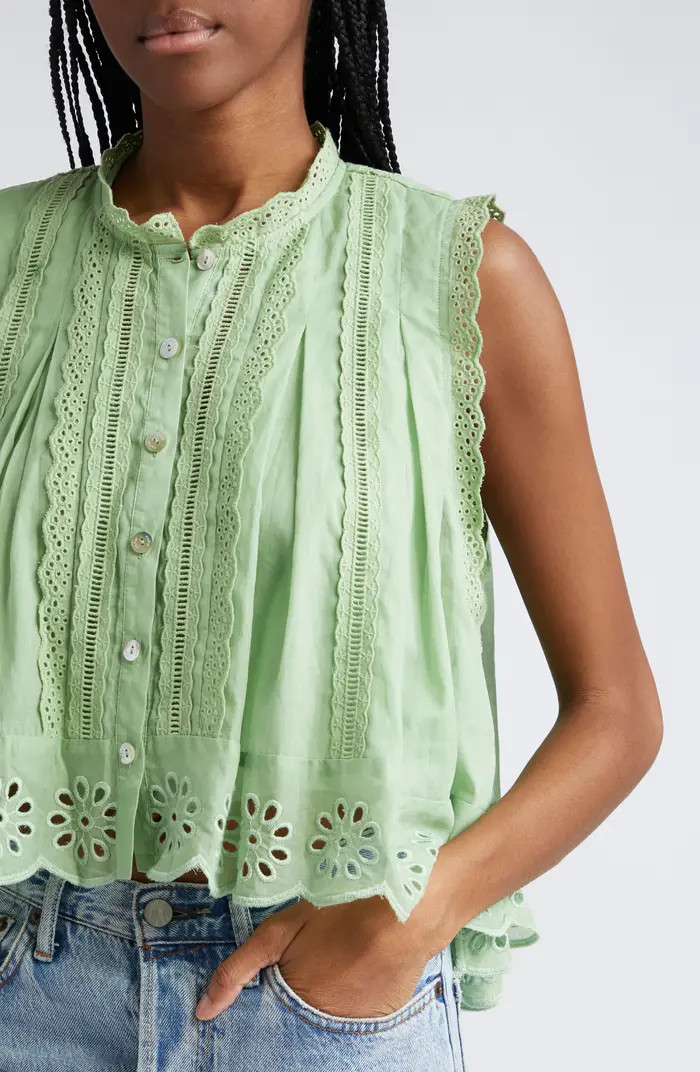 Eyelet Accent Sleeveless High-Low Cotton Top | Nordstrom