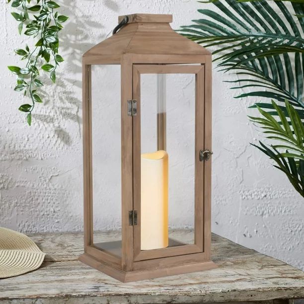 Better Homes & Gardens Decorative Natural Wood and Glass Battery Operated Outdoor Lantern with Re... | Walmart (US)