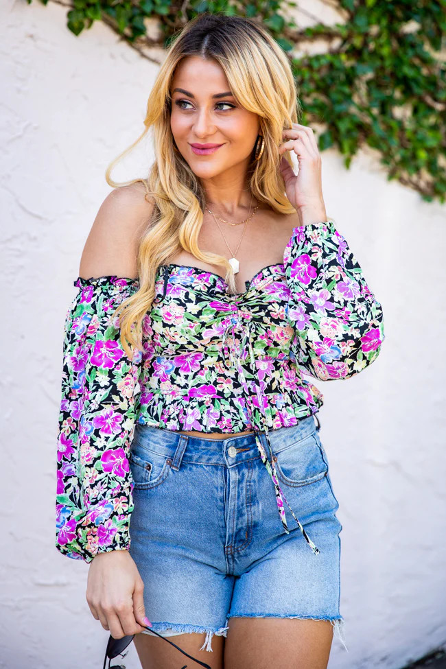 Sonic Blooms Black Floral Off The Shoulder Long Sleeve Blouse | Pink Lily