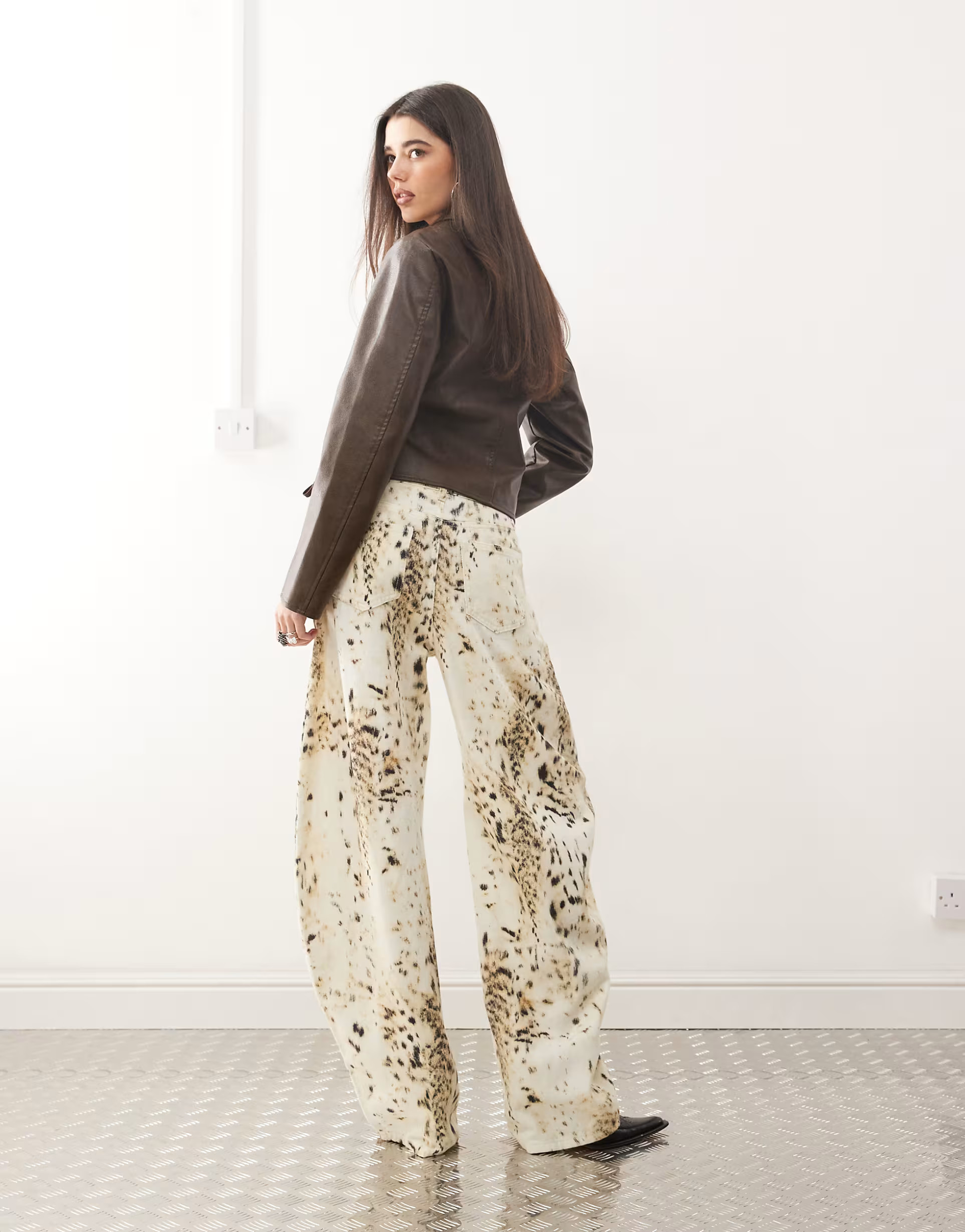 Lioness barrel leg jeans in ecru snow leopard print | ASOS | ASOS (Global)
