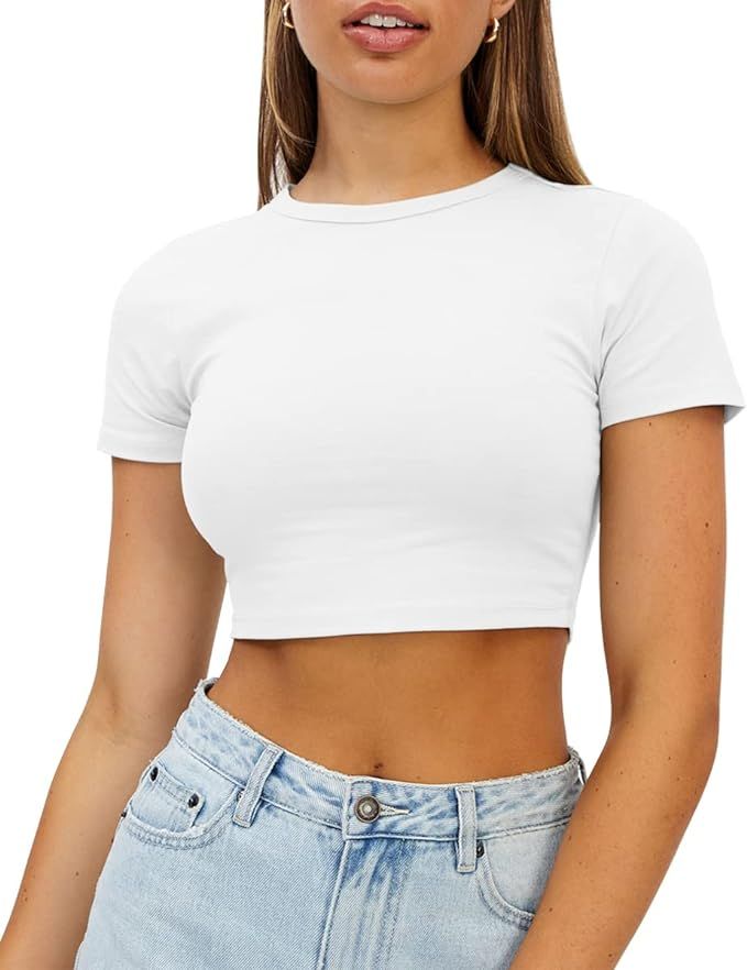 WYNNQUE Crop Tops Cute Trendy Basic Tight Scoop Neck Crop Short Sleeve Crop Top for Women or Teen... | Amazon (US)