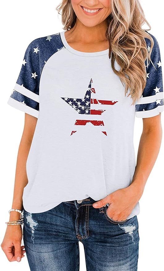 BANGELY American Flag T Shirt Patriotic Shirts Women Veteran Shirt Raglan Short Sleeve Stars Stri... | Amazon (US)