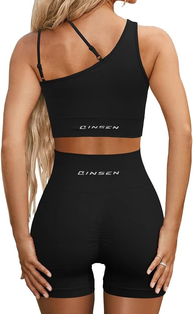 QINSEN Workout Sets for Women One Shoulder Sport Bra High Waist Booty Shorts Seamless Gmy Yoga 2 Pie | Amazon (US)