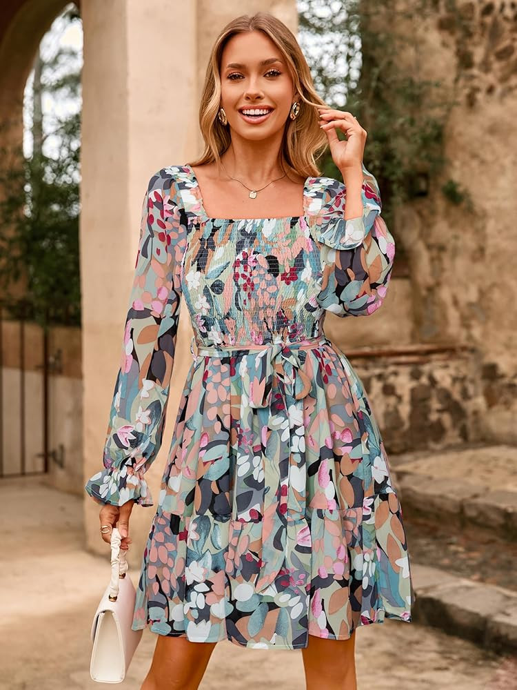 Simplee Womens Boho Long Sleeve Mini Dress Floral Square Neck Smocked A-Line Flowy Short Fall Wed... | Amazon (US)